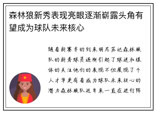 森林狼新秀表现亮眼逐渐崭露头角有望成为球队未来核心 森林狼新秀表现亮眼逐渐崭露头角有望成为球队未来核心