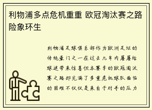 利物浦多点危机重重 欧冠淘汰赛之路险象环生