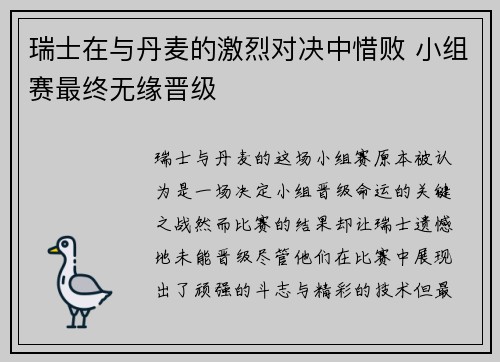 瑞士在与丹麦的激烈对决中惜败 小组赛最终无缘晋级