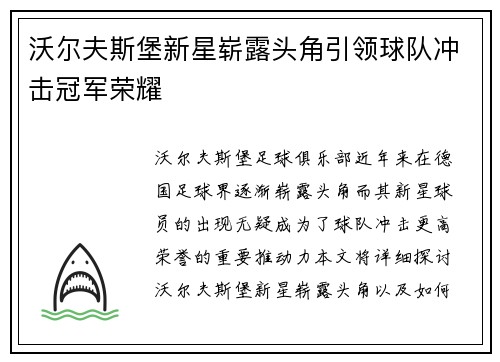 沃尔夫斯堡新星崭露头角引领球队冲击冠军荣耀